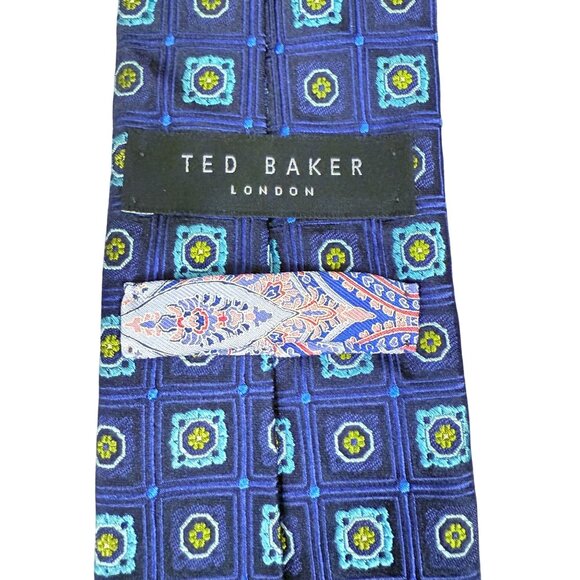 Ted Baker London Mens 100% Silk Jacquard Necktie Blue Turquoise Green Geometric - Picture 5 of 10